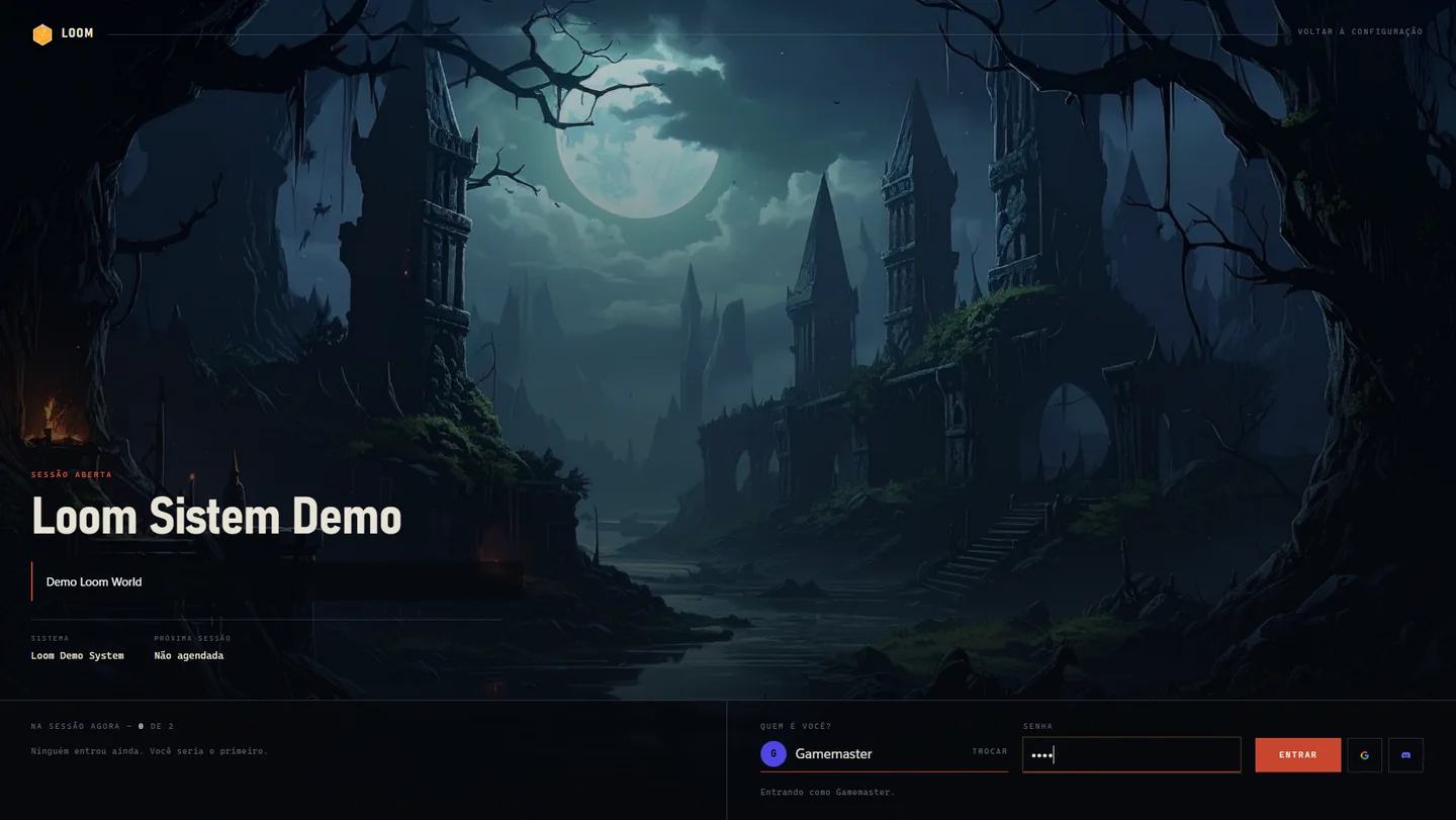 Tela de entrada do mundo de demonstração com seleção de usuário e acesso à sessão.