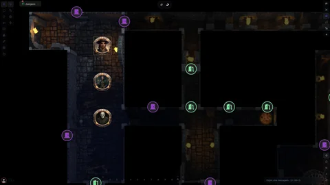 Mapa de masmorra no Loom com três tokens, portas e áreas ocultas.