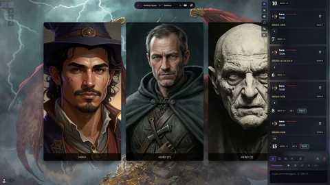 Modo teatro do Loom com três retratos de personagens e chat de rolagens.